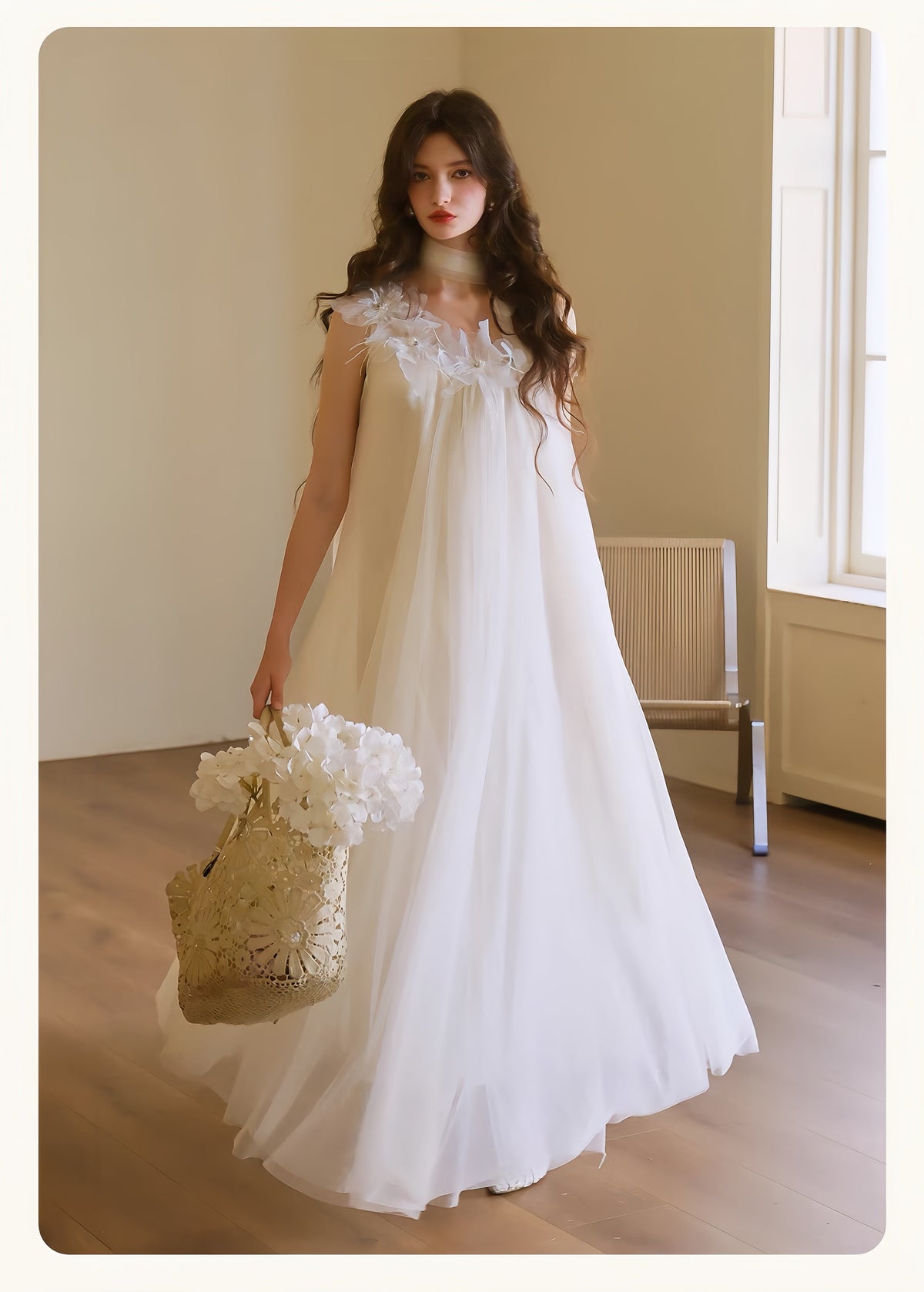 【dress】立体フラワーパールストラップチュールワンピース　K0564