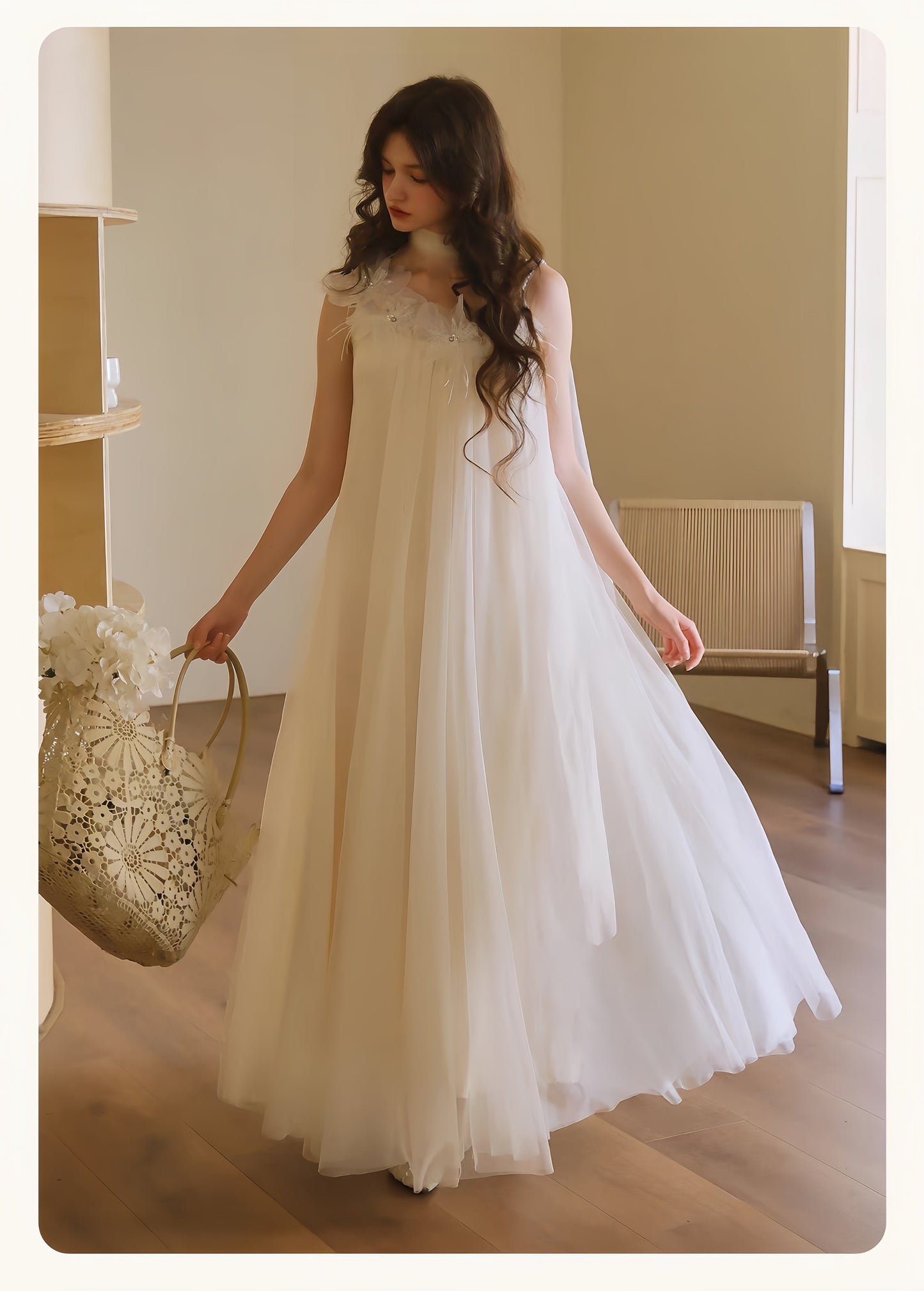 【dress】立体フラワーパールストラップチュールワンピース　K0564
