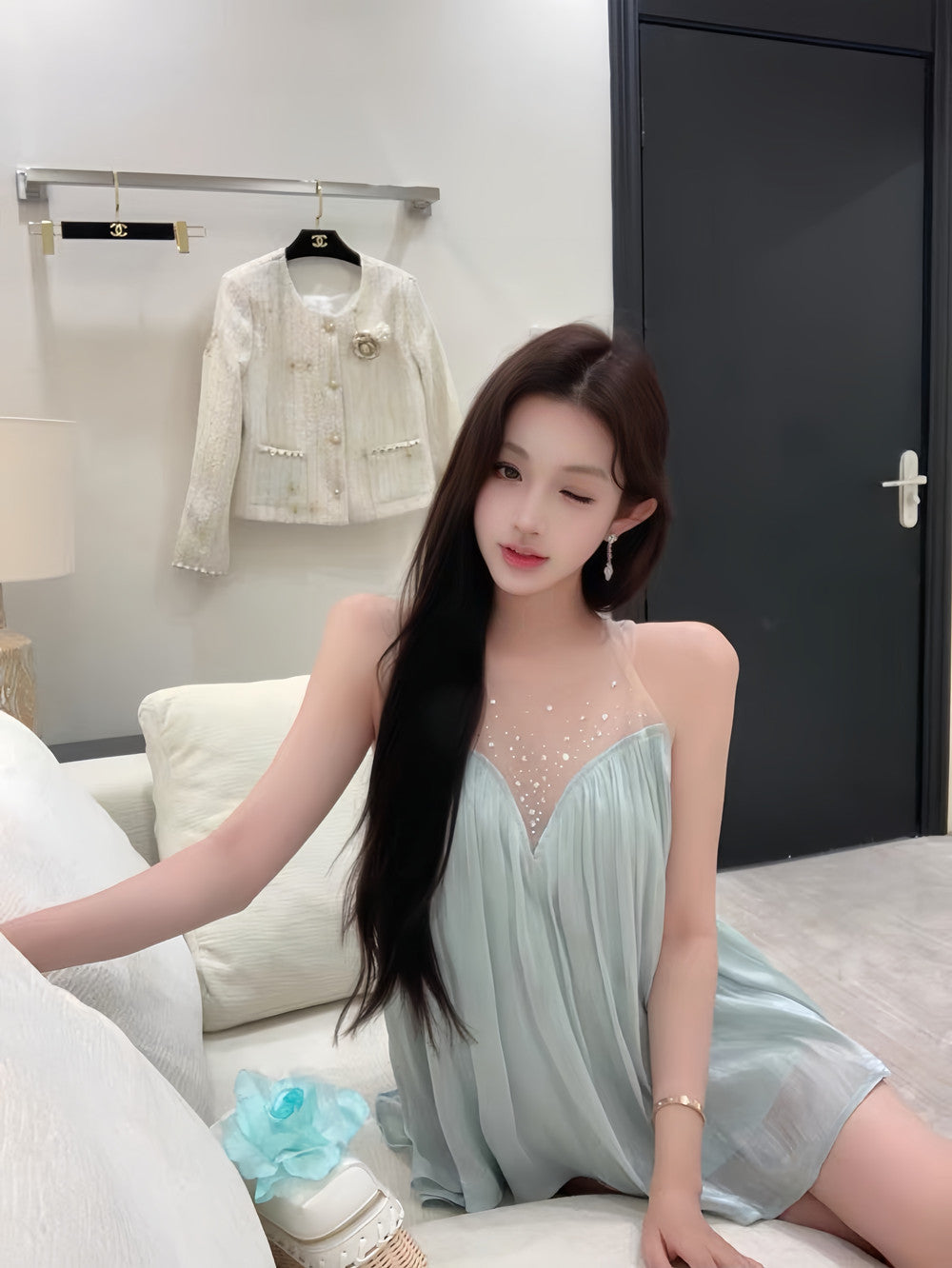 【dress】ラインストーン付きチュールドッキングロングワンピース Q8377