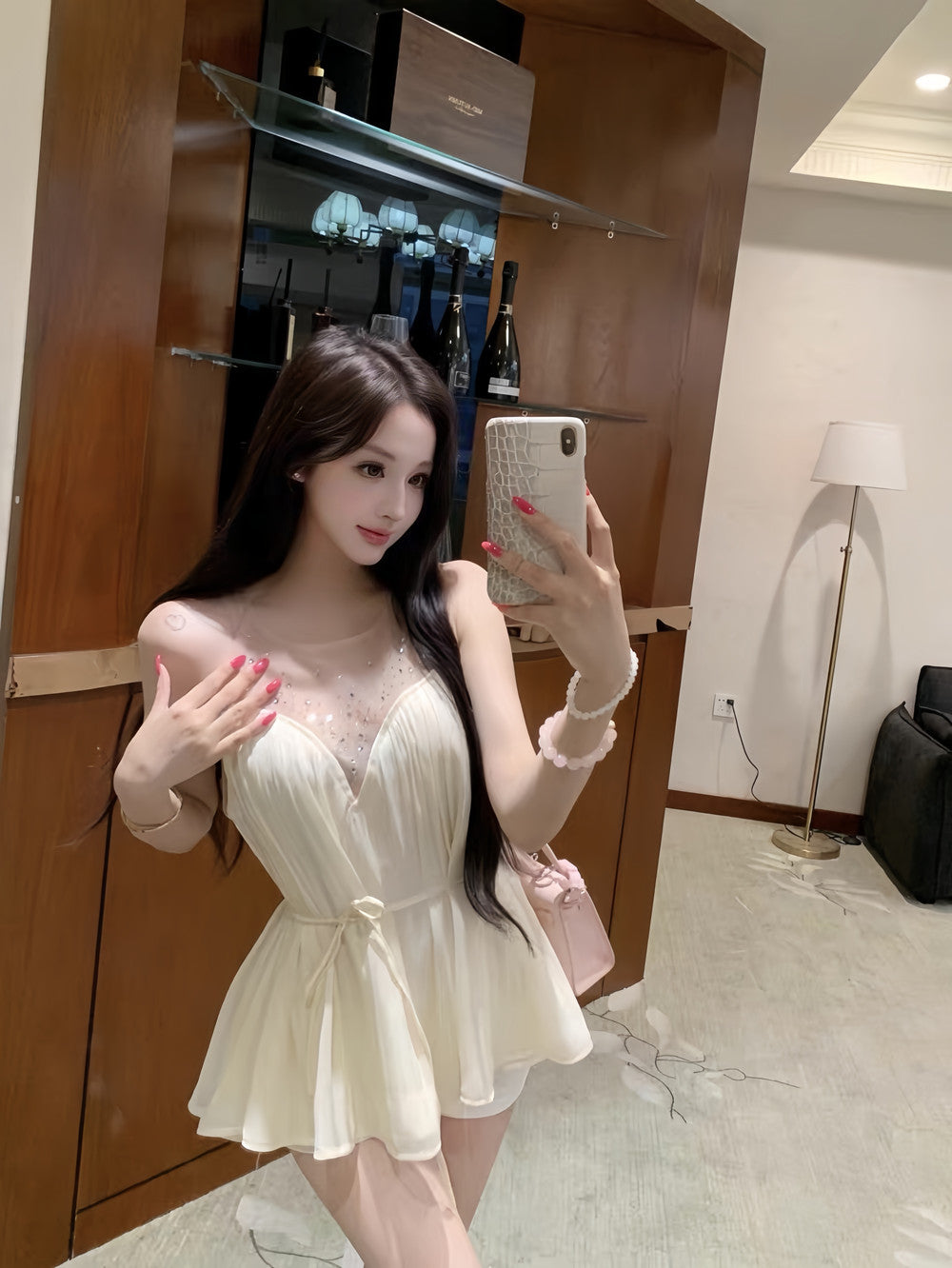 【dress】ラインストーン付きチュールドッキングロングワンピース Q8377