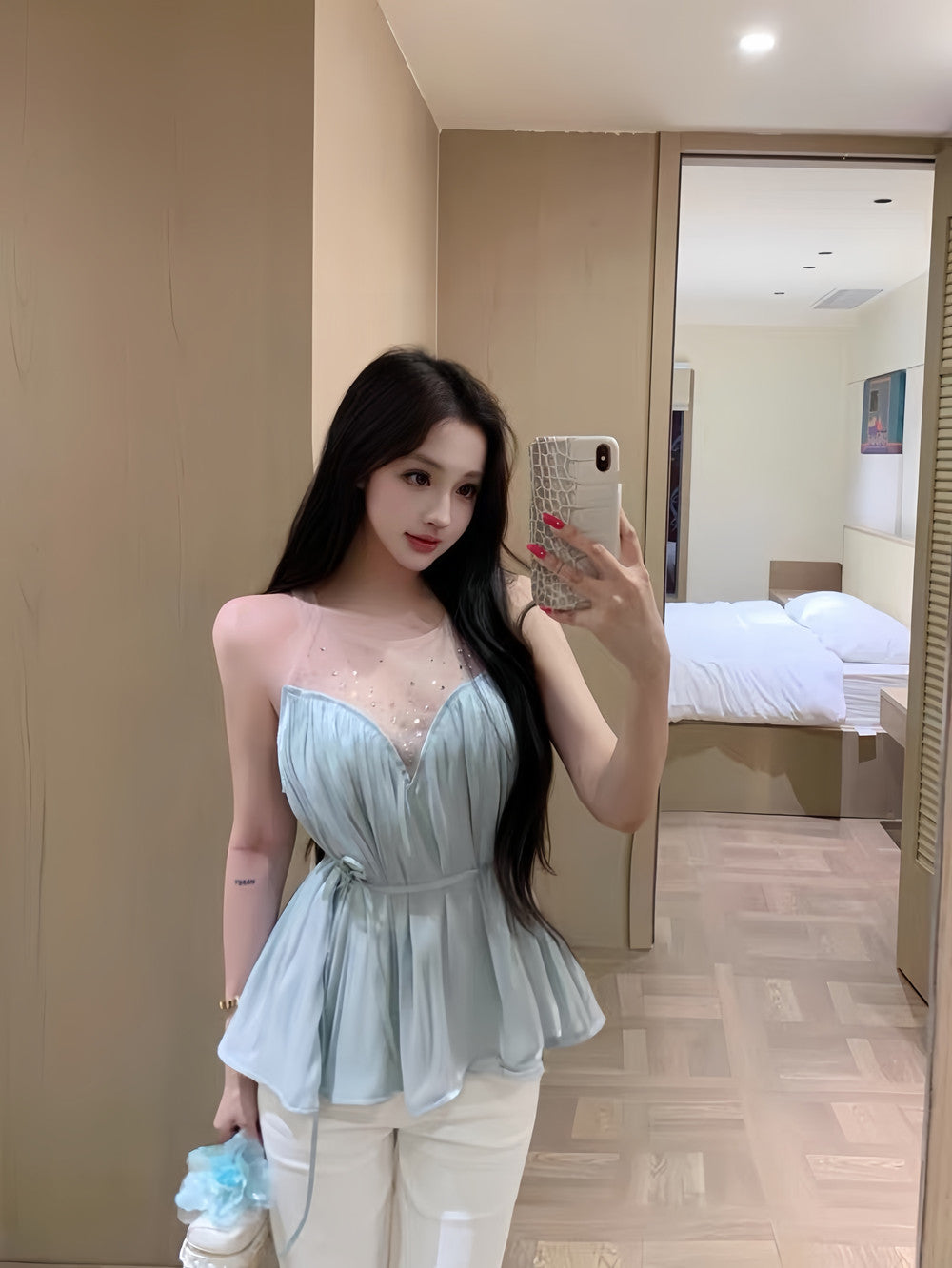【dress】ラインストーン付きチュールドッキングロングワンピース Q8377