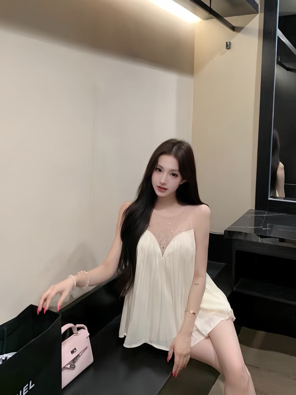 【dress】ラインストーン付きチュールドッキングロングワンピース Q8377