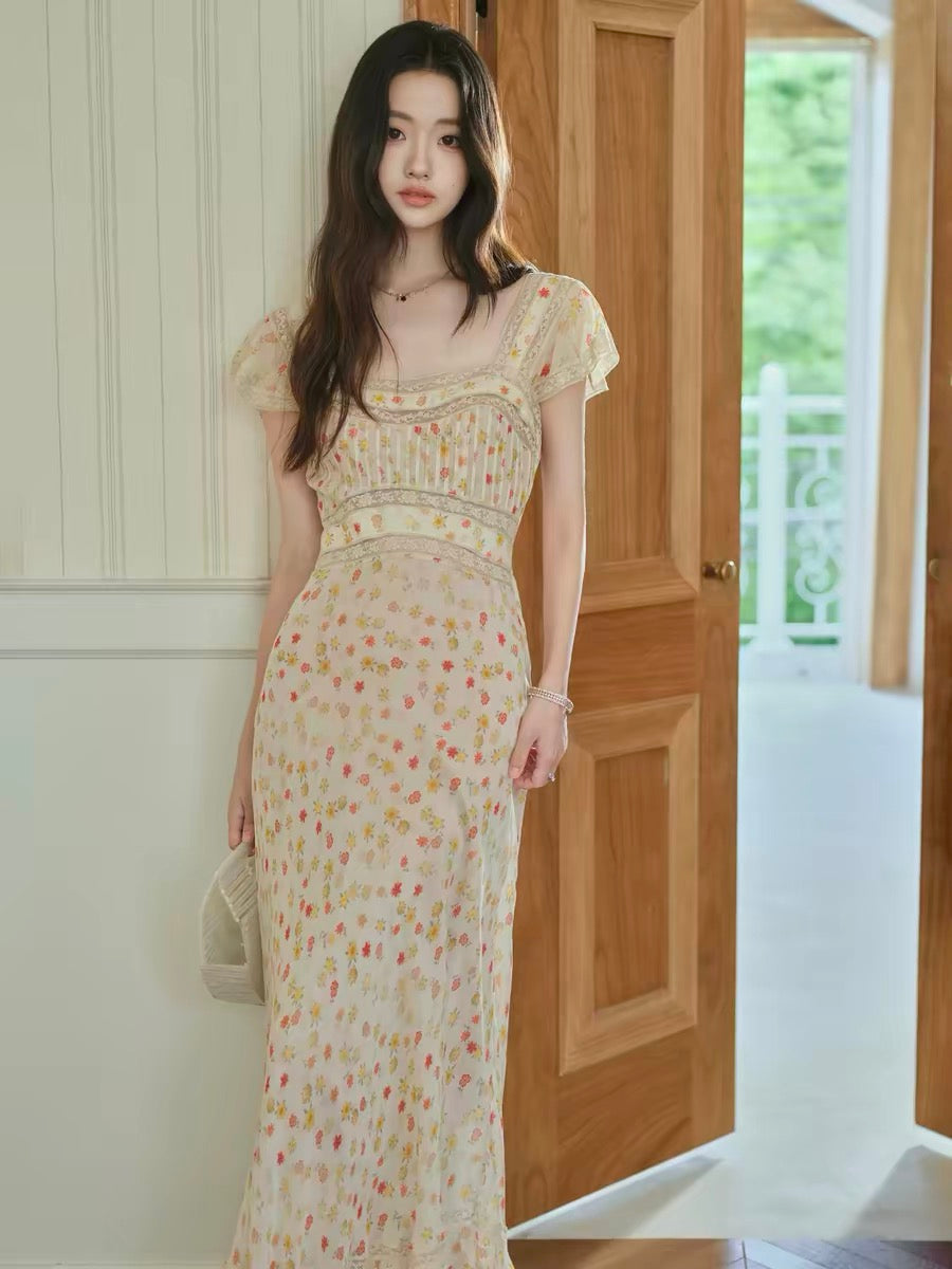 【dress】レースドッキングフラワープリントロングワンピース　N3703