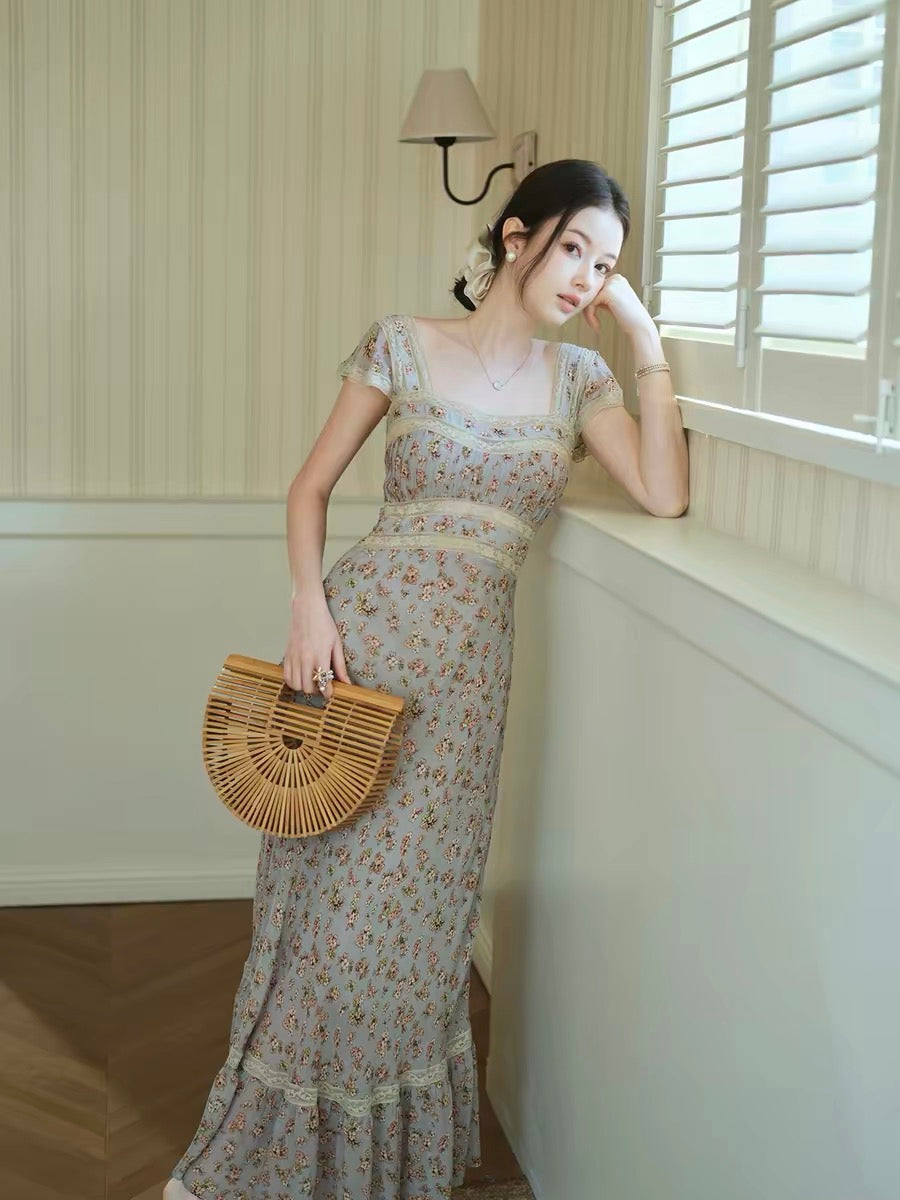 【dress】レースドッキングフラワープリントロングワンピース　N3703