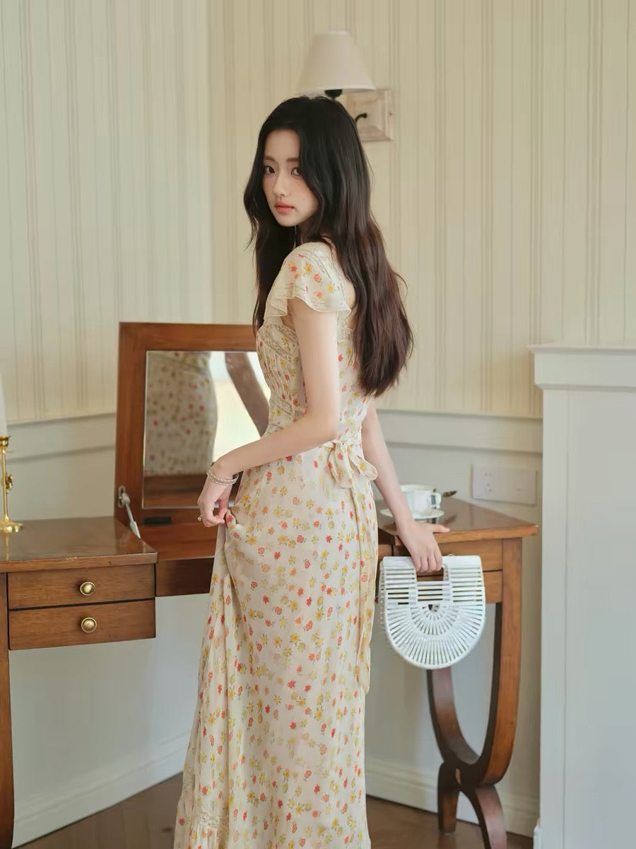 【dress】レースドッキングフラワープリントロングワンピース　N3703