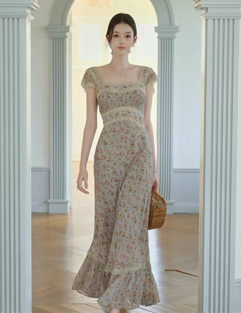 【dress】レースドッキングフラワープリントロングワンピース　N3703