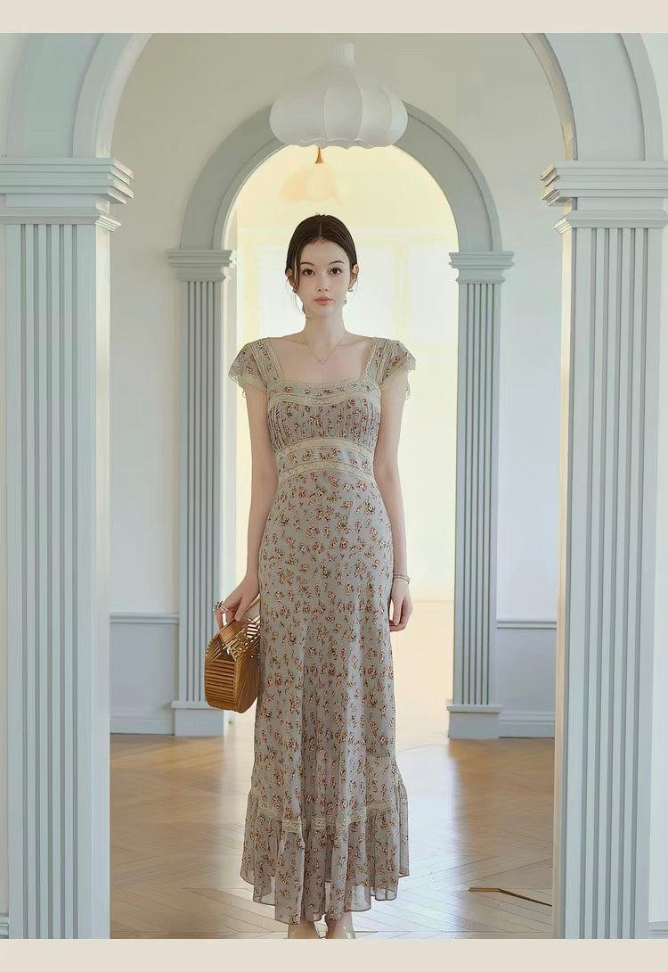 【dress】レースドッキングフラワープリントロングワンピース　N3703