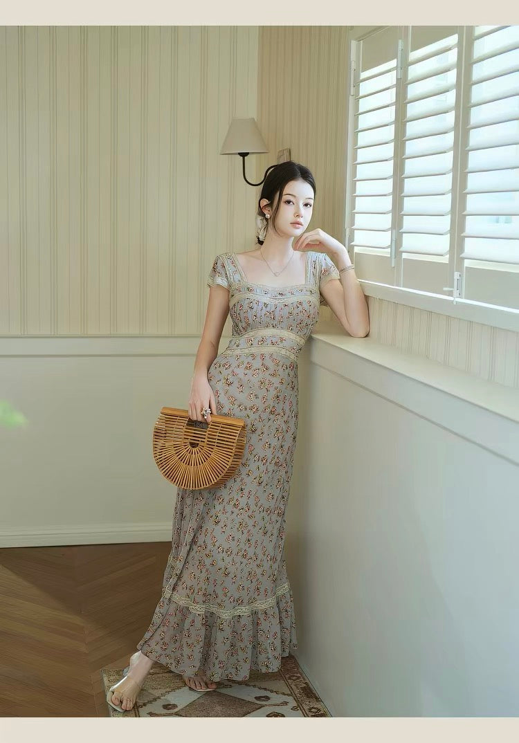 【dress】レースドッキングフラワープリントロングワンピース　N3703