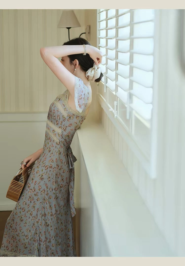【dress】レースドッキングフラワープリントロングワンピース　N3703