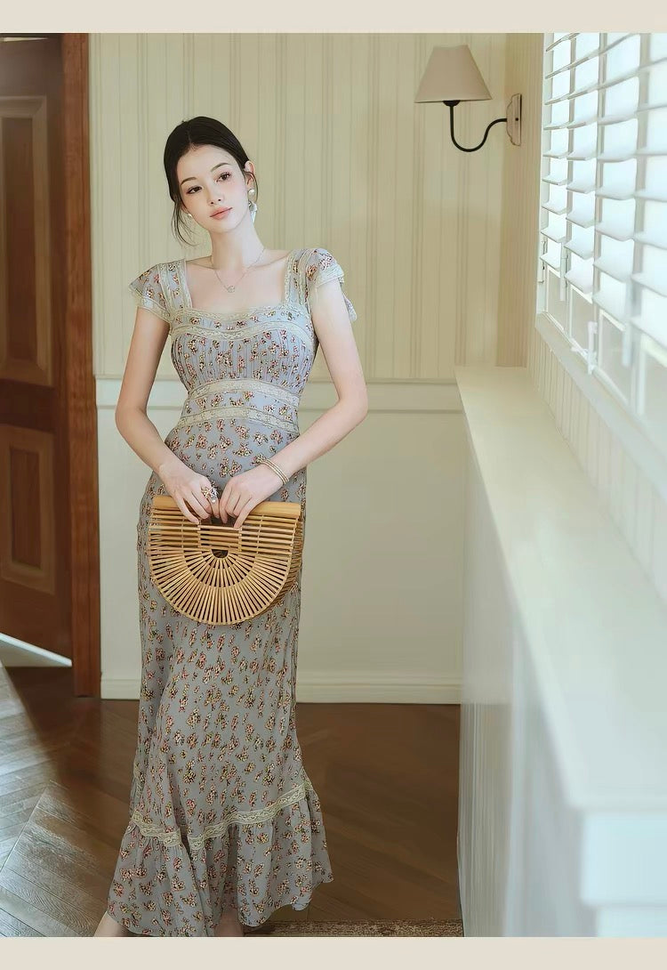 【dress】レースドッキングフラワープリントロングワンピース　N3703