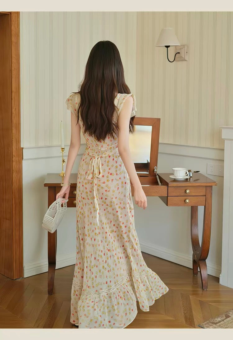【dress】レースドッキングフラワープリントロングワンピース　N3703
