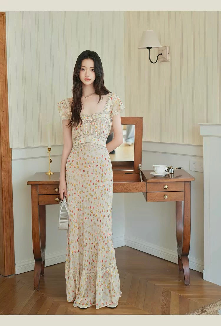 【dress】レースドッキングフラワープリントロングワンピース　N3703