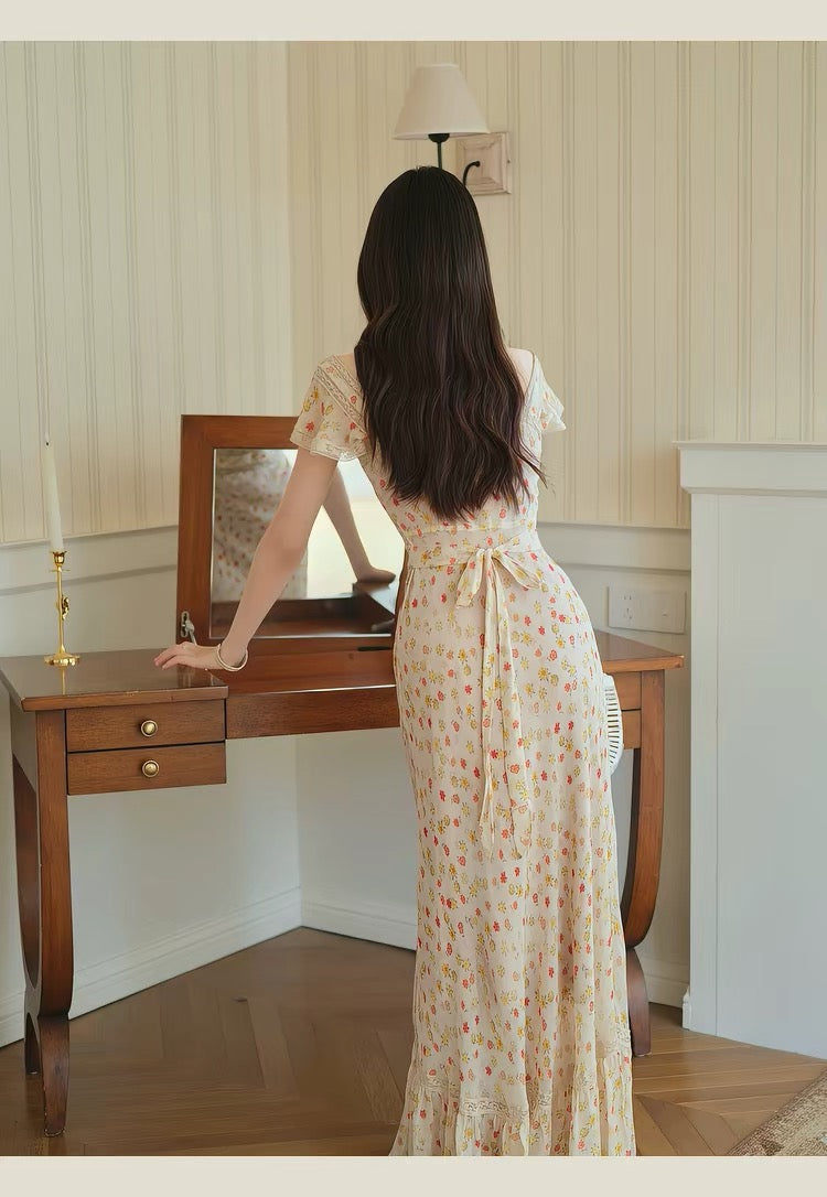 【dress】レースドッキングフラワープリントロングワンピース　N3703