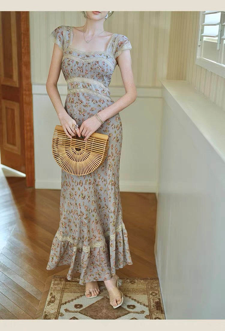 【dress】レースドッキングフラワープリントロングワンピース　N3703
