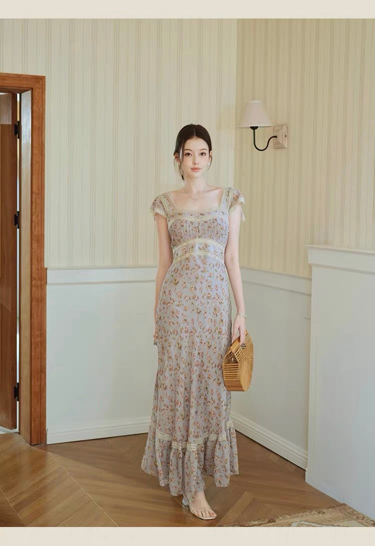【dress】レースドッキングフラワープリントロングワンピース　N3703