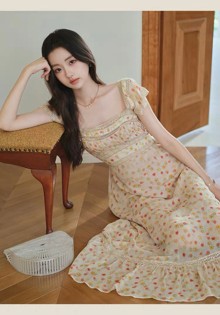 【dress】レースドッキングフラワープリントロングワンピース　N3703