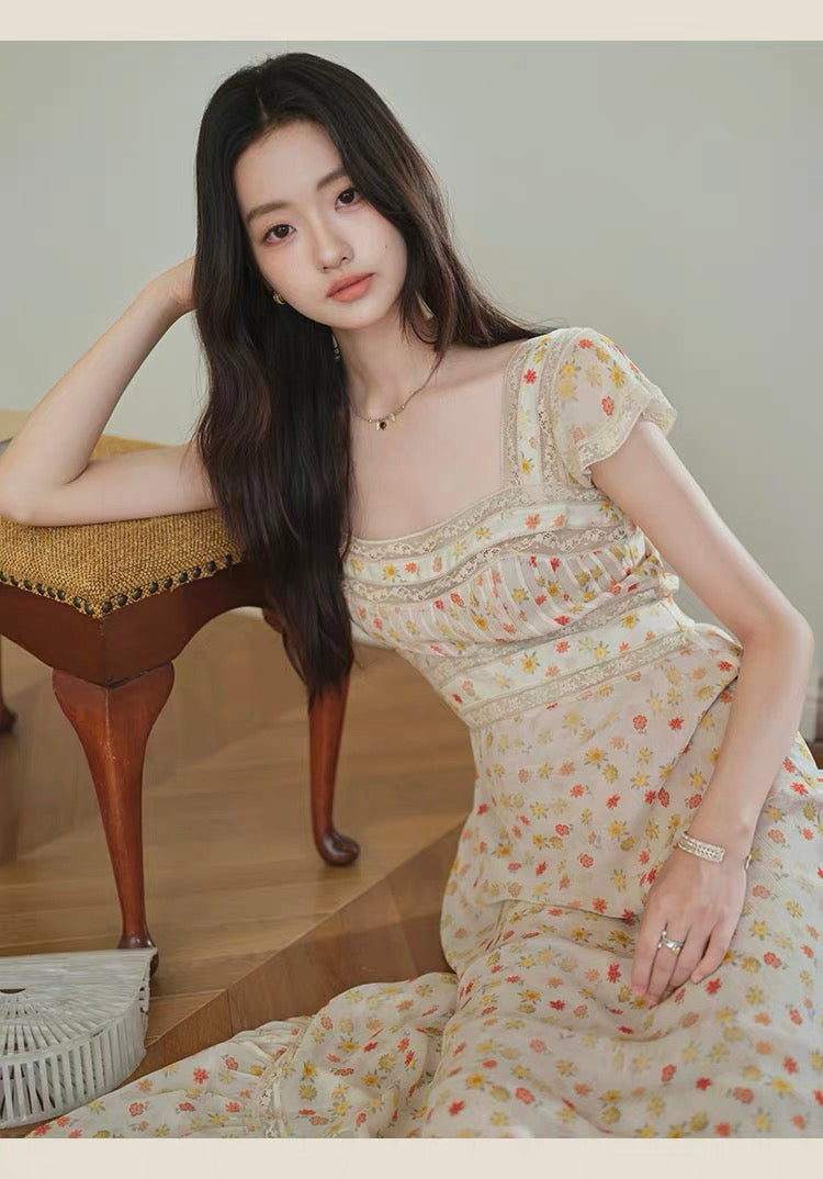 【dress】レースドッキングフラワープリントロングワンピース　N3703