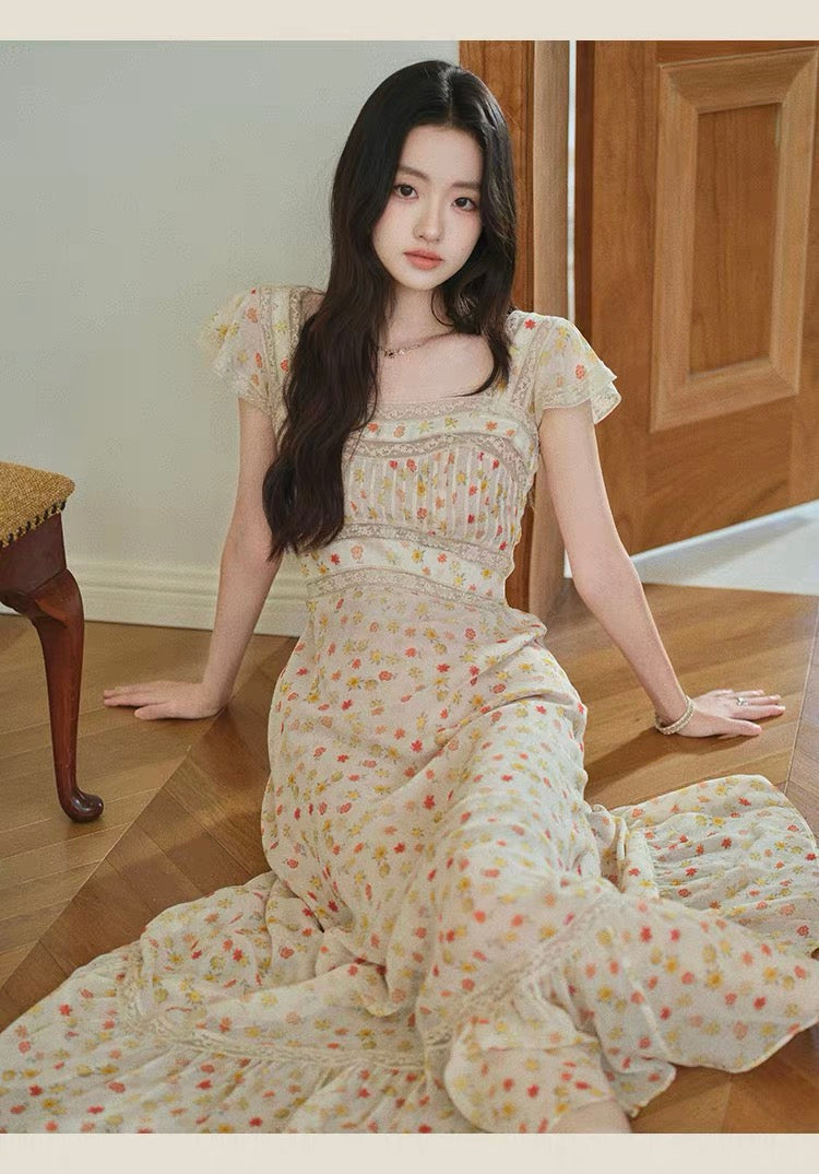 【dress】レースドッキングフラワープリントロングワンピース　N3703