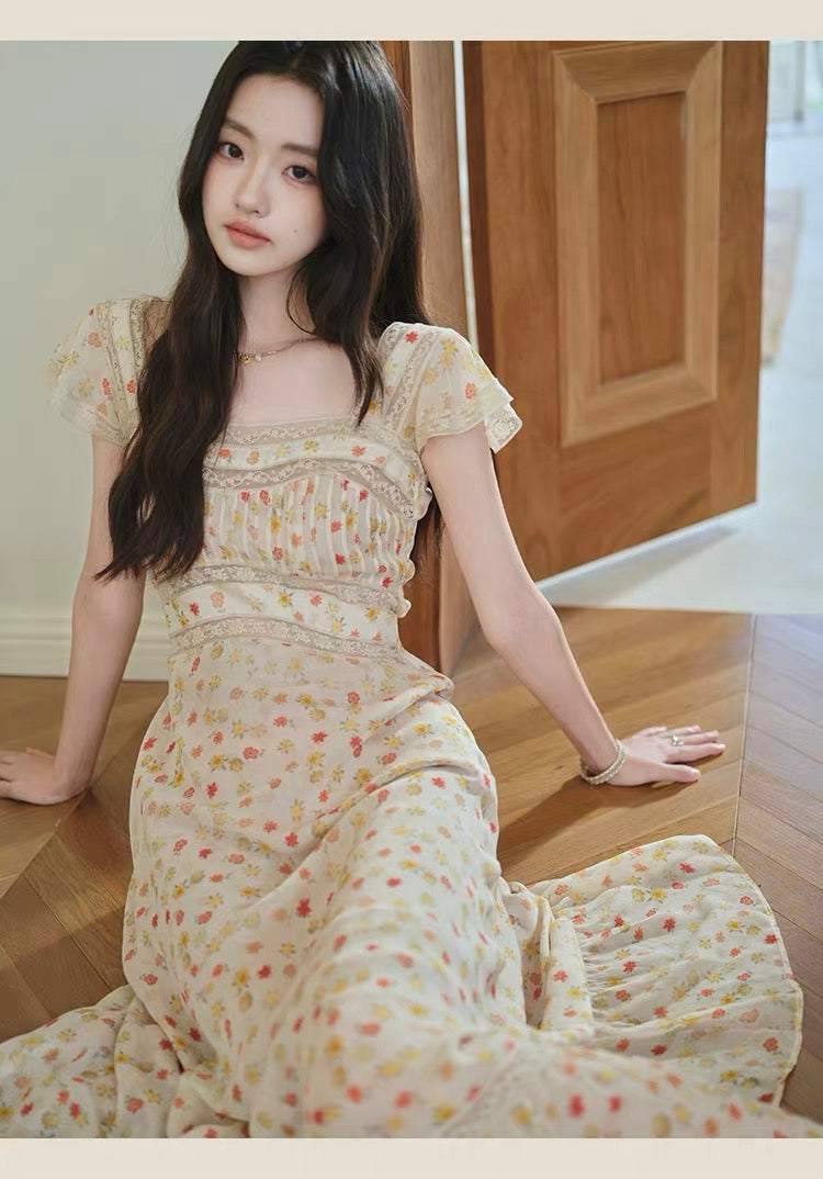 【dress】レースドッキングフラワープリントロングワンピース　N3703