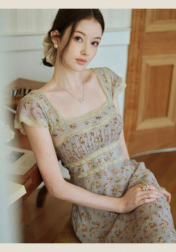 【dress】レースドッキングフラワープリントロングワンピース　N3703