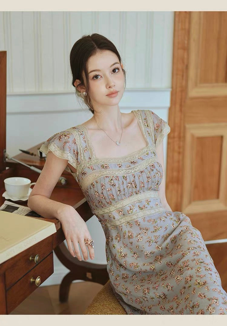 【dress】レースドッキングフラワープリントロングワンピース　N3703