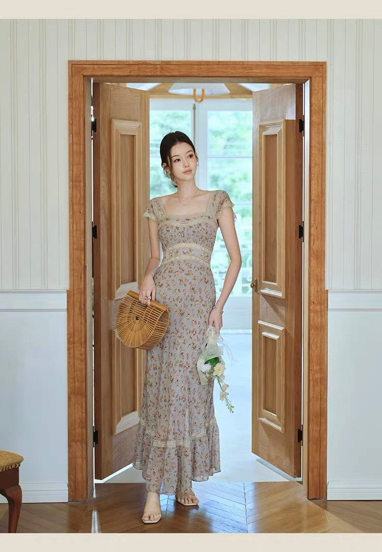 【dress】レースドッキングフラワープリントロングワンピース　N3703