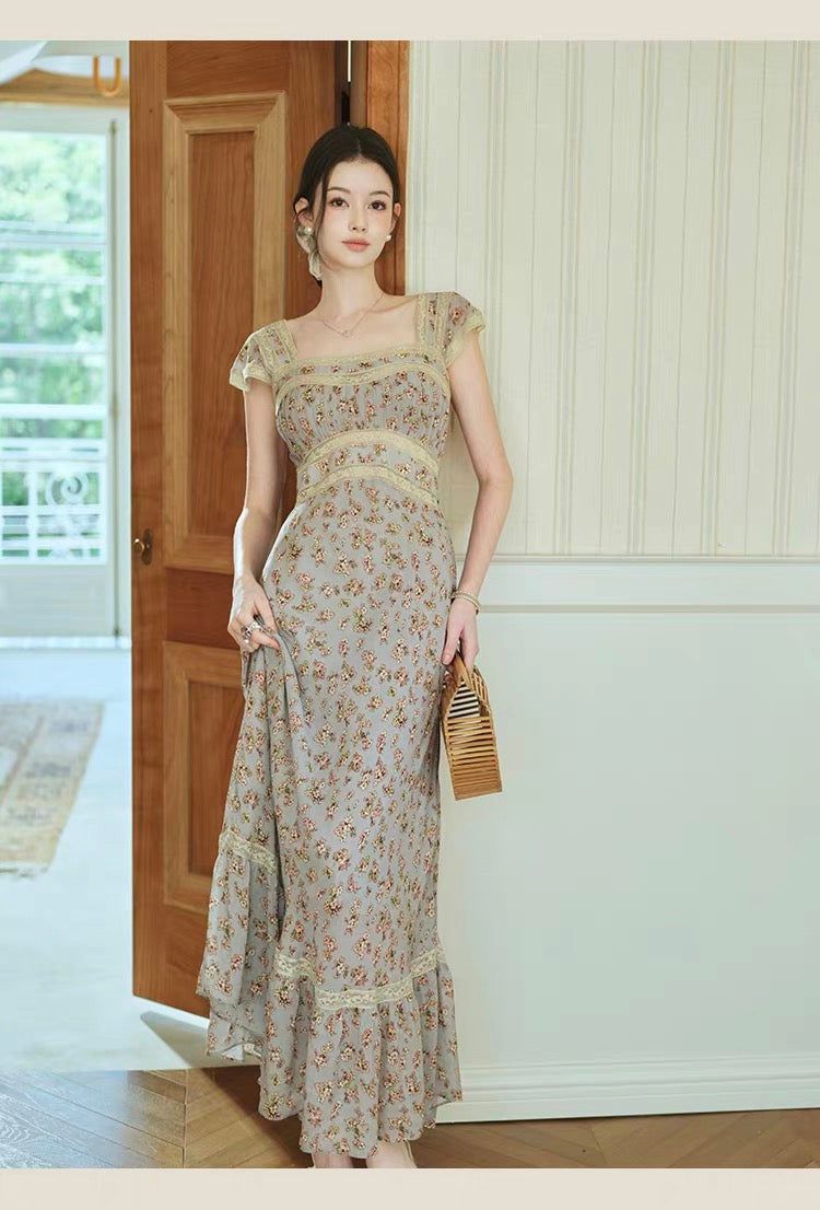 【dress】レースドッキングフラワープリントロングワンピース　N3703