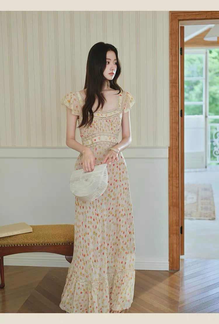 【dress】レースドッキングフラワープリントロングワンピース　N3703