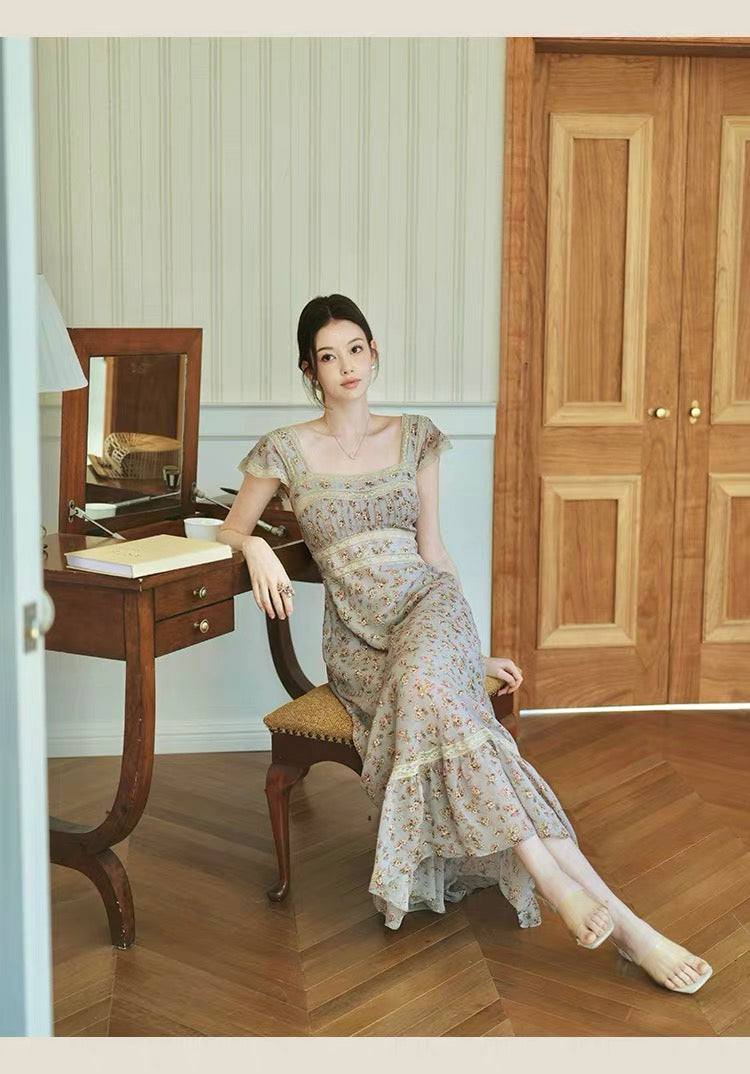 【dress】レースドッキングフラワープリントロングワンピース　N3703