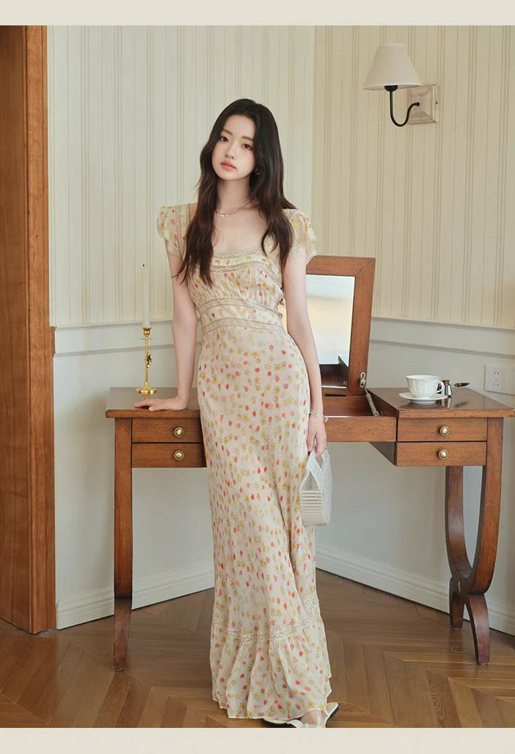 【dress】レースドッキングフラワープリントロングワンピース　N3703