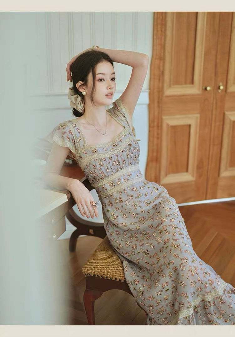 【dress】レースドッキングフラワープリントロングワンピース　N3703