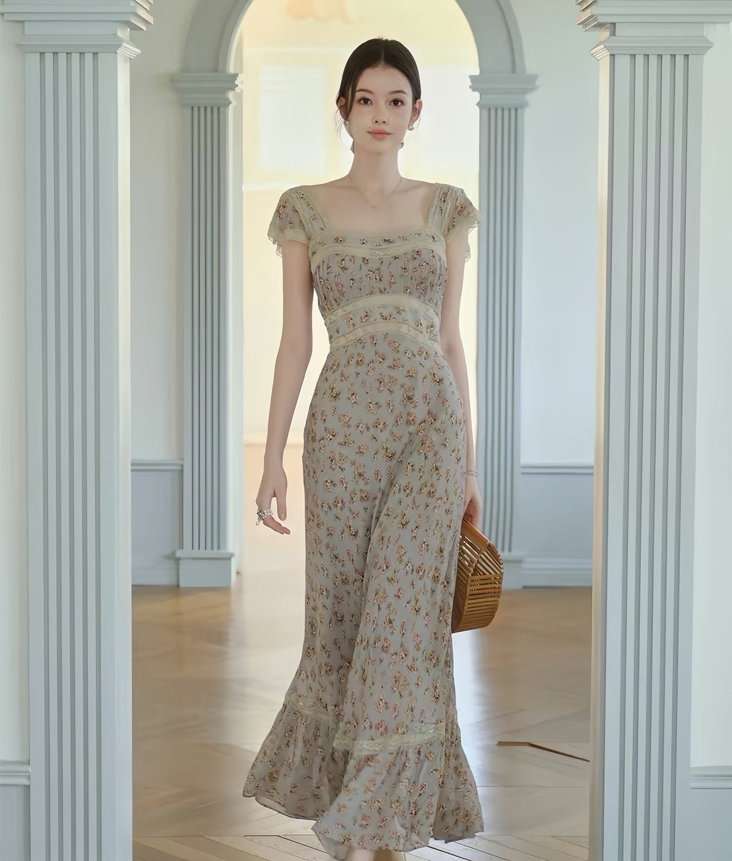 【dress】レースドッキングフラワープリントロングワンピース　N3703