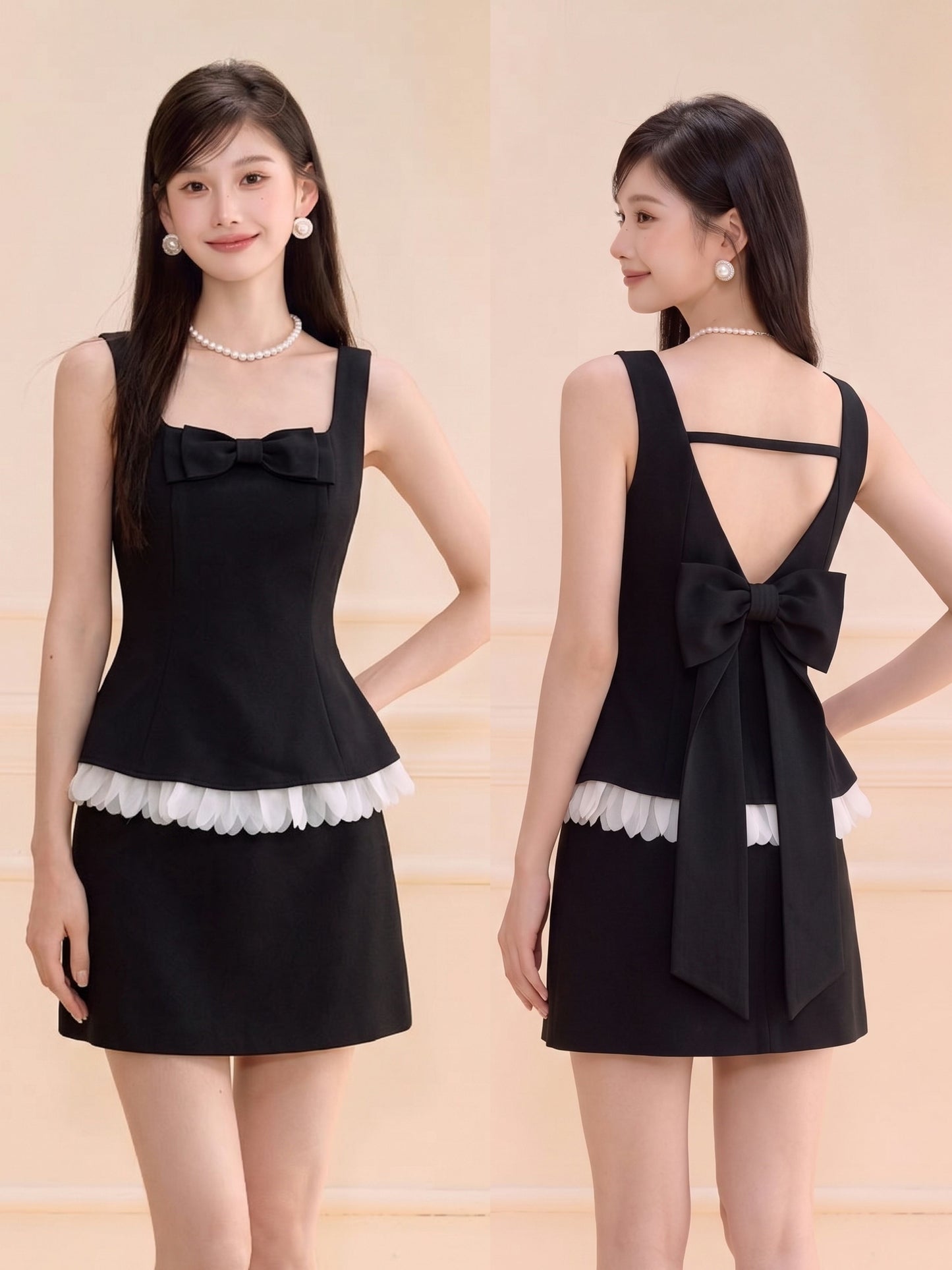 【set】バックリボンフリルドッキングトップス×ミニスカートセット   N3704