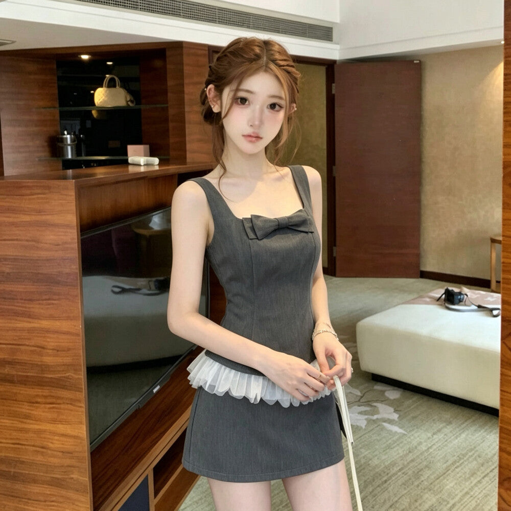 【set】バックリボンフリルドッキングトップス×ミニスカートセット   N3704