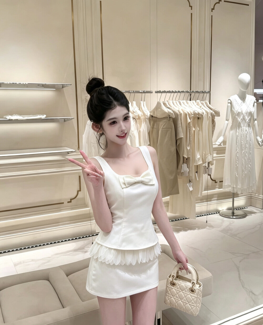 【set】バックリボンフリルドッキングトップス×ミニスカートセット   N3704