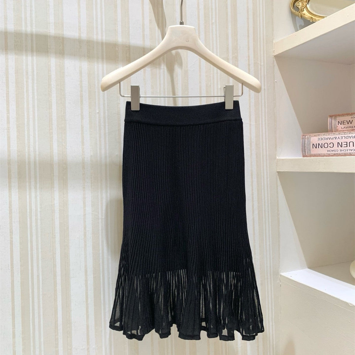 【set】レースドッキングドレープネックトップス×シアープリーツスカートセット   N3705