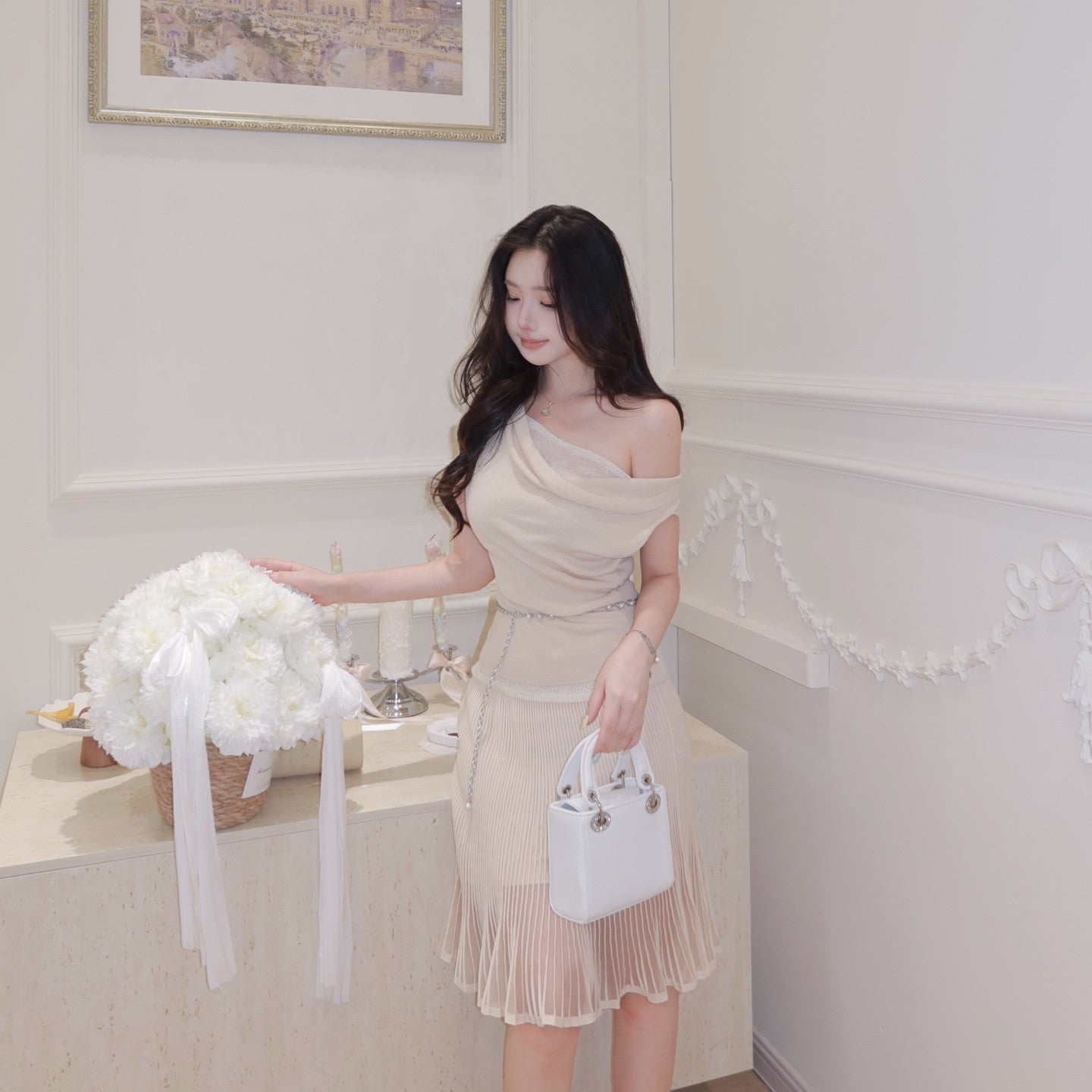 【set】レースドッキングドレープネックトップス×シアープリーツスカートセット   N3705