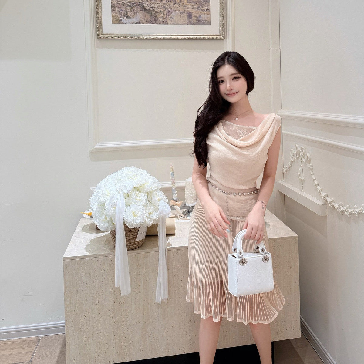 【set】レースドッキングドレープネックトップス×シアープリーツスカートセット   N3705
