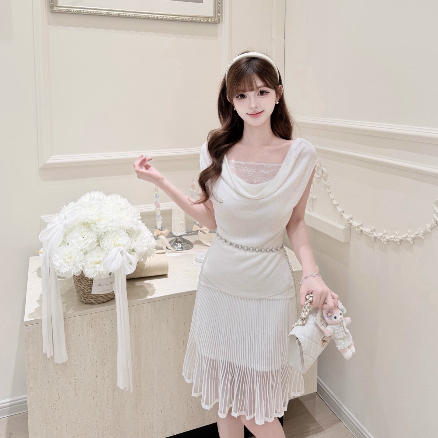 【set】レースドッキングドレープネックトップス×シアープリーツスカートセット   N3705