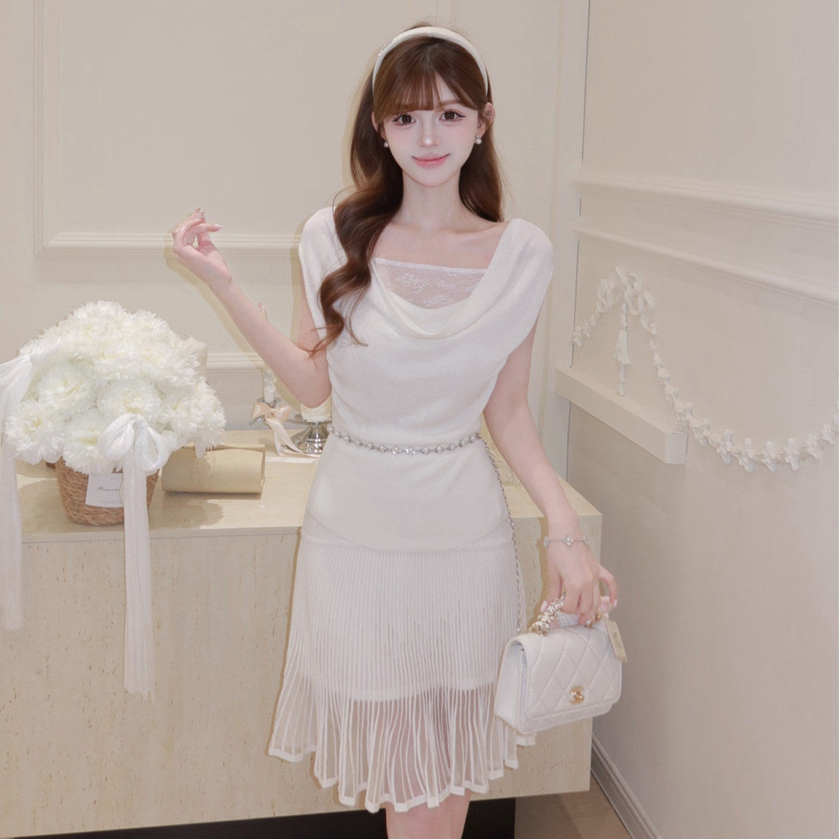 【set】レースドッキングドレープネックトップス×シアープリーツスカートセット   N3705
