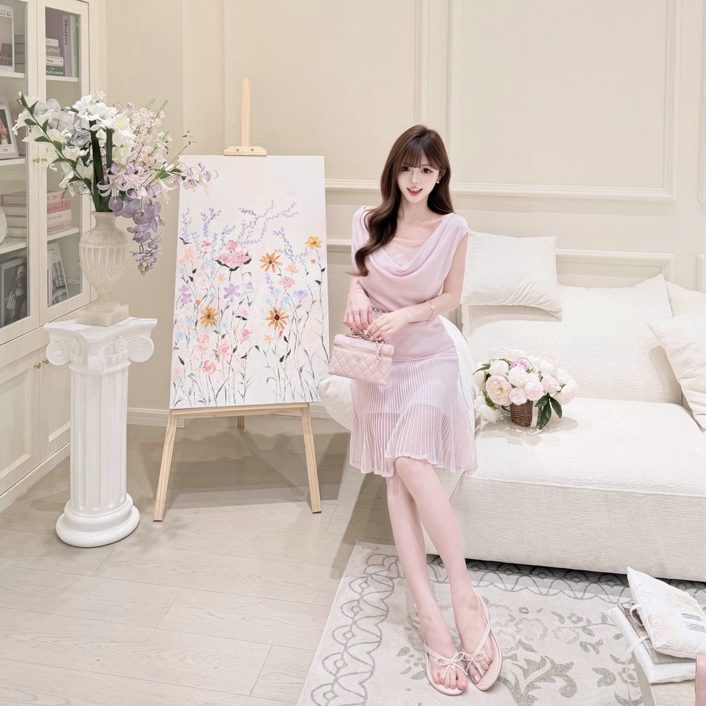 【set】レースドッキングドレープネックトップス×シアープリーツスカートセット   N3705