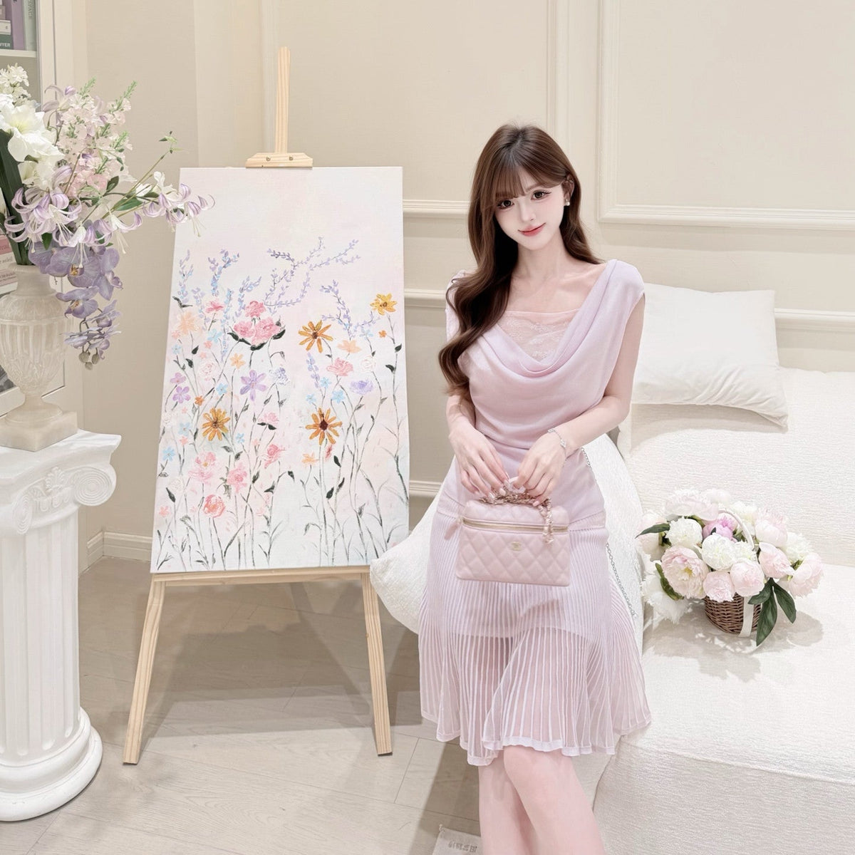 【set】レースドッキングドレープネックトップス×シアープリーツスカートセット   N3705