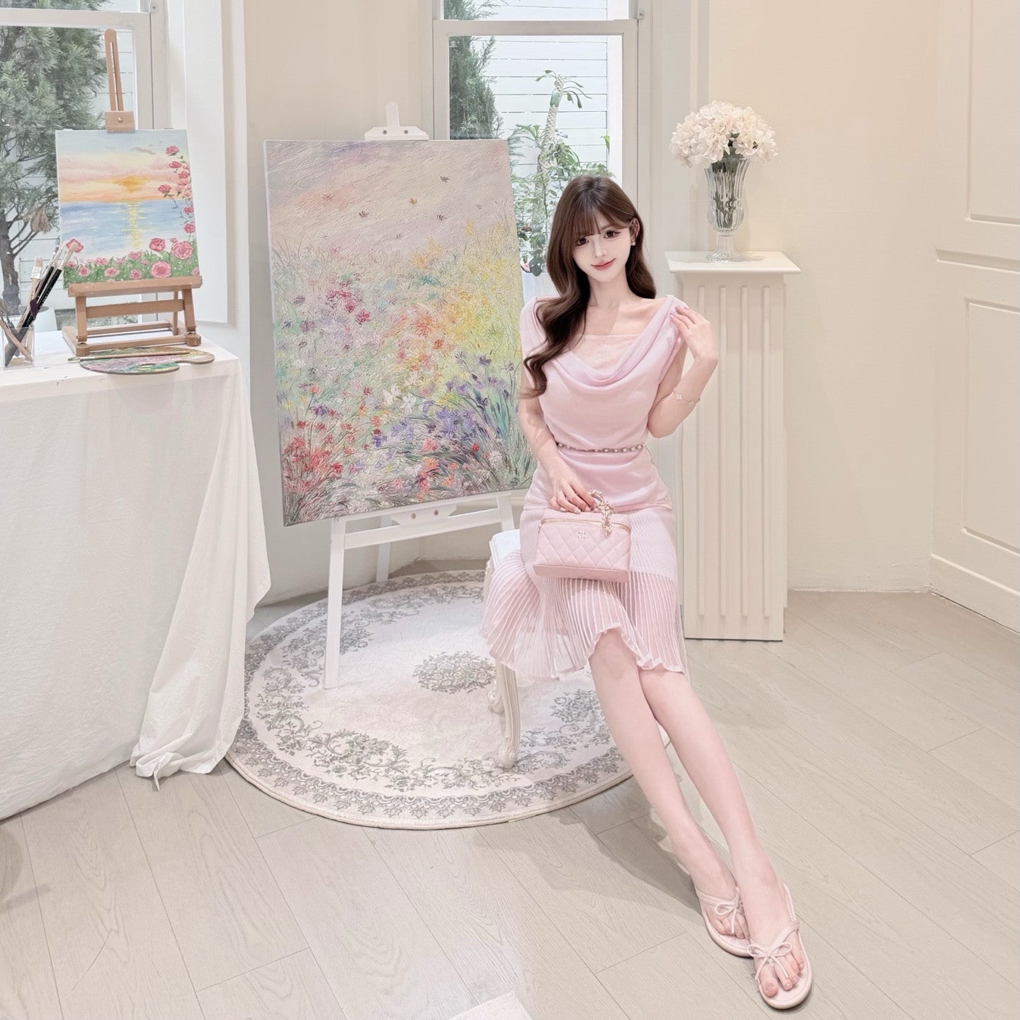 【set】レースドッキングドレープネックトップス×シアープリーツスカートセット   N3705
