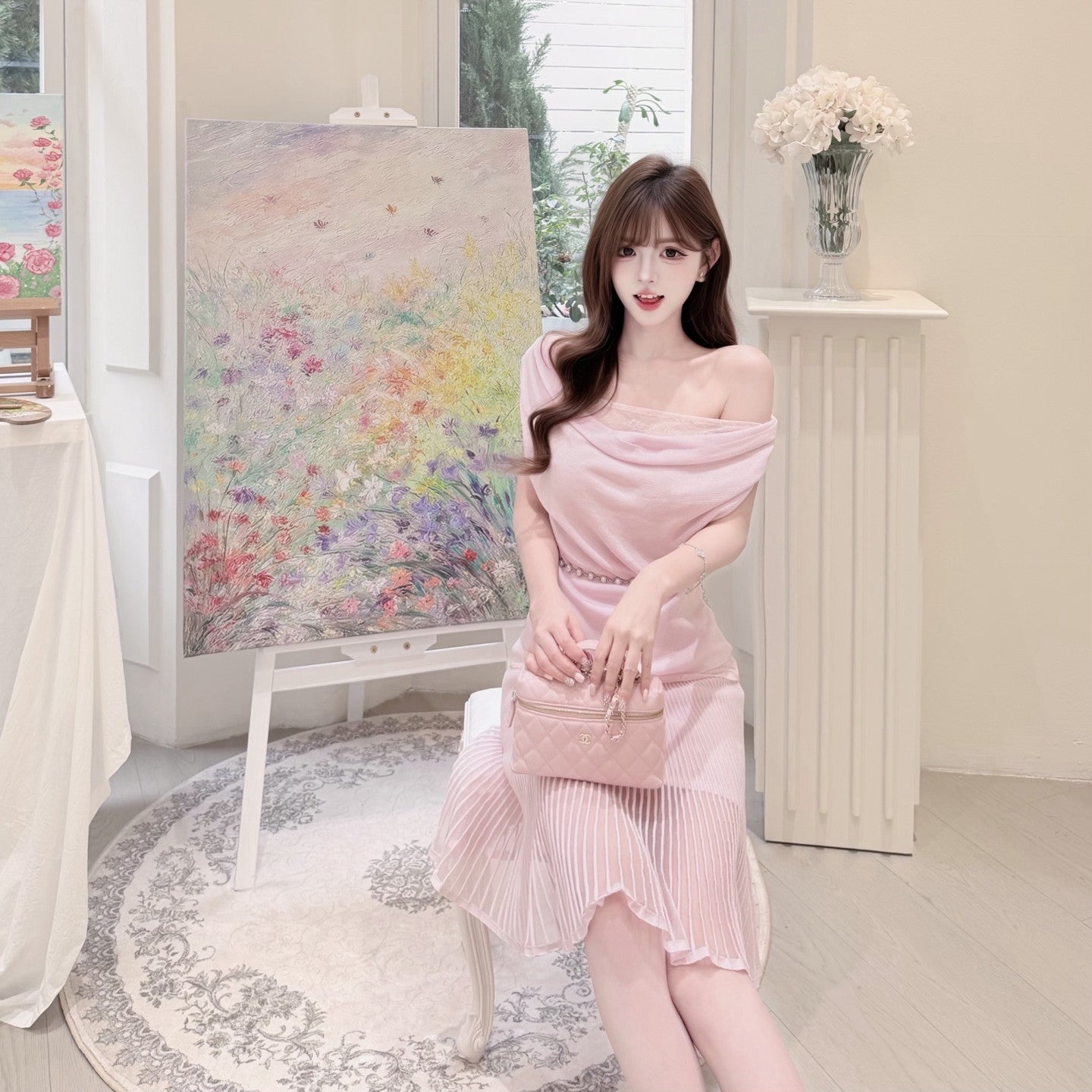 【set】レースドッキングドレープネックトップス×シアープリーツスカートセット   N3705