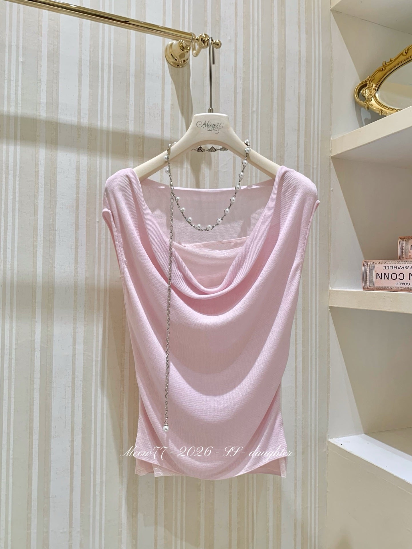 【set】レースドッキングドレープネックトップス×シアープリーツスカートセット   N3705