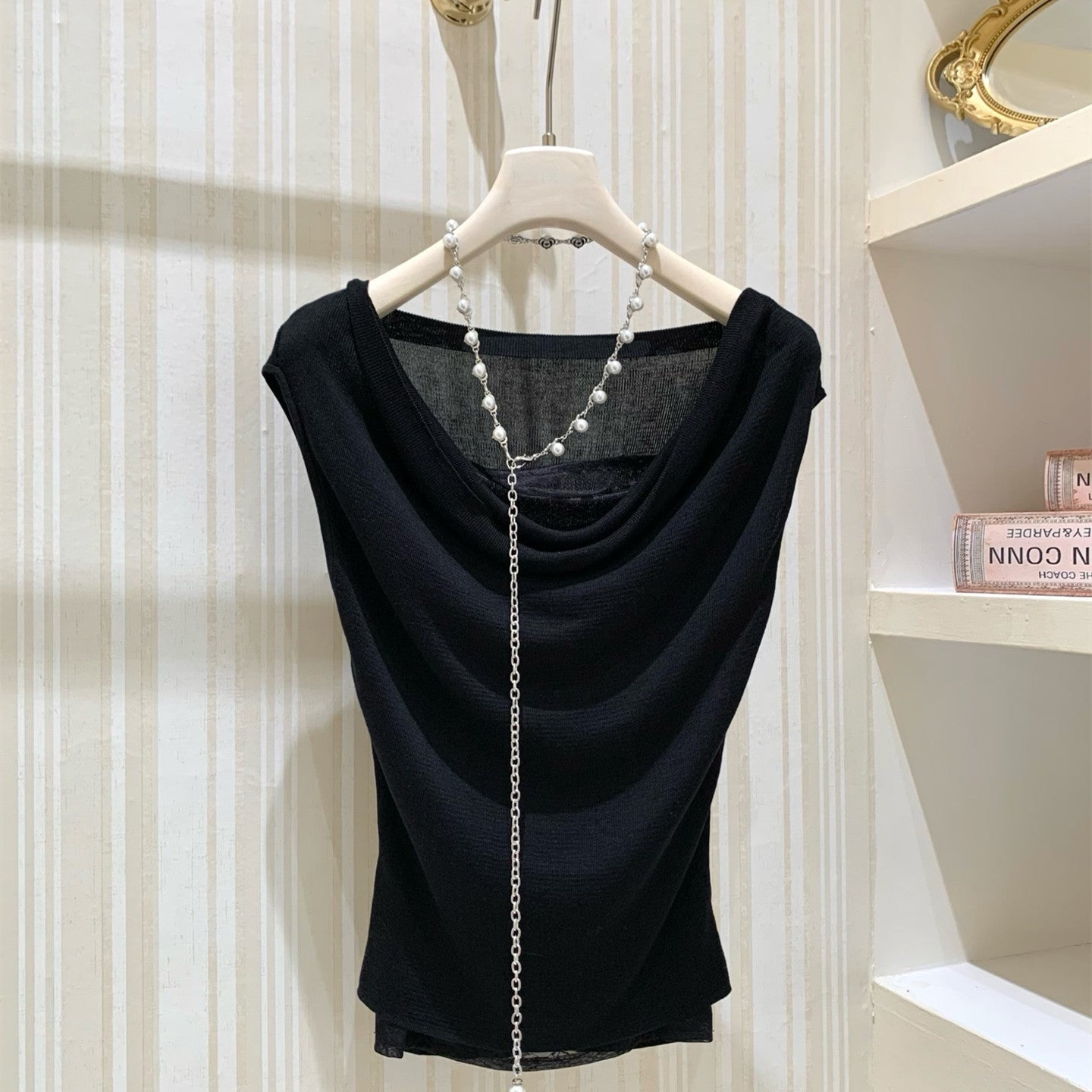 【set】レースドッキングドレープネックトップス×シアープリーツスカートセット   N3705