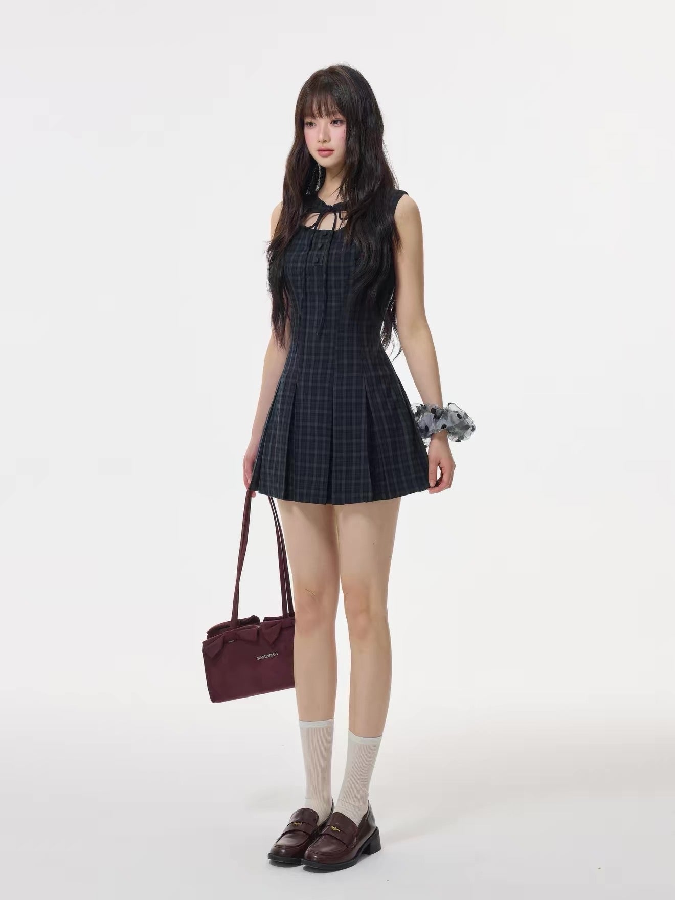 【dress】フロントリボンチェックミニワンピース　N3531