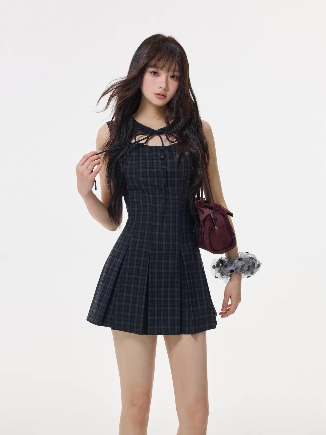 【dress】フロントリボンチェックミニワンピース　N3531