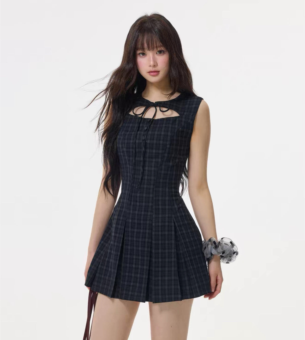 【dress】フロントリボンチェックミニワンピース　N3531