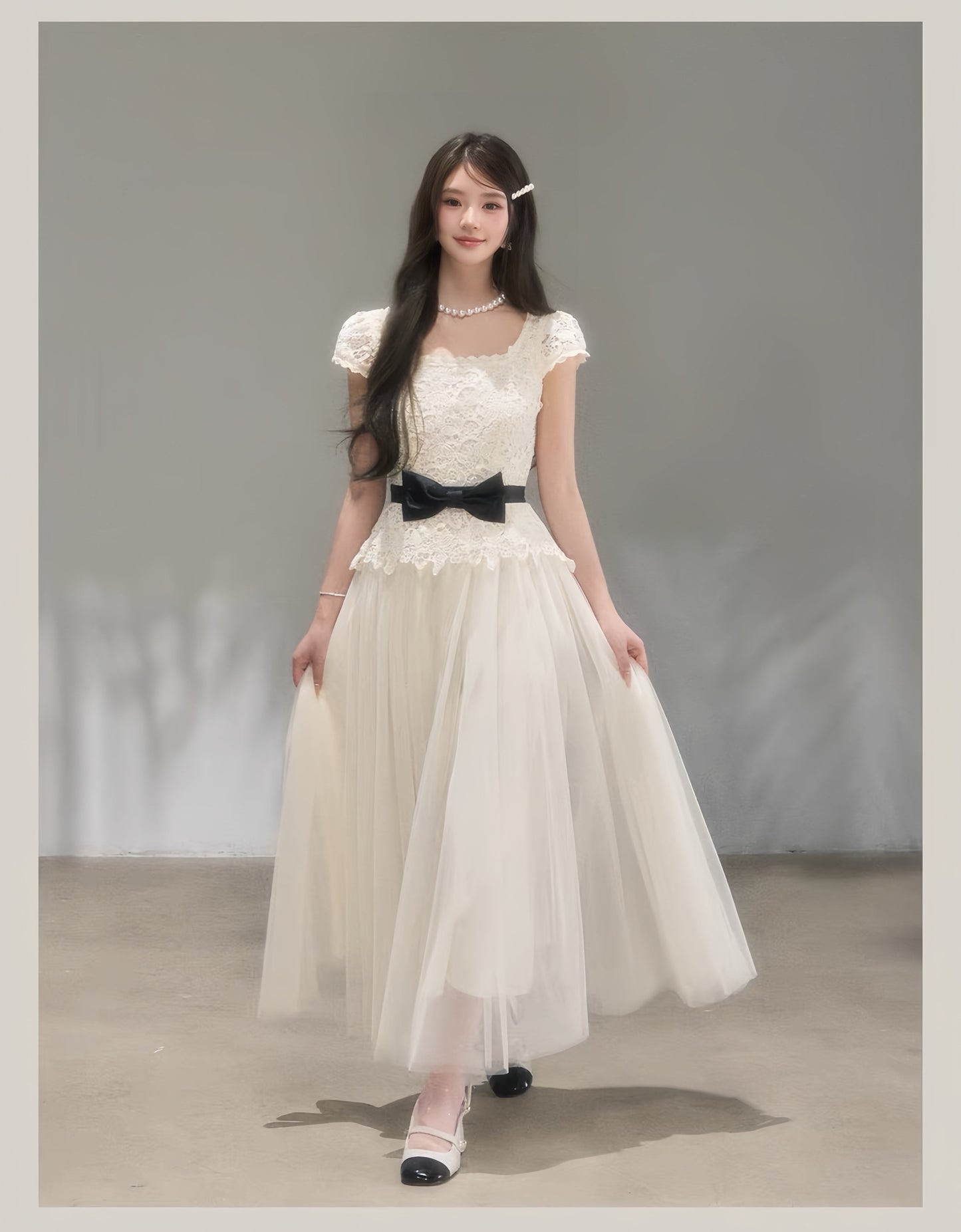 【dress】リボンレースドッキングロングワンピース　K0621